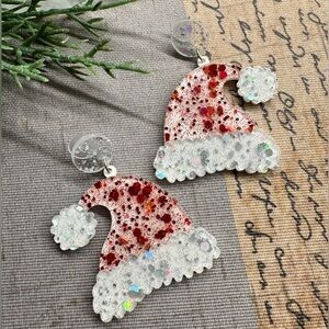 New Christmas Red & White Santa Hat w/ Confetti Glitter Acrylic Earrings - 2.50”